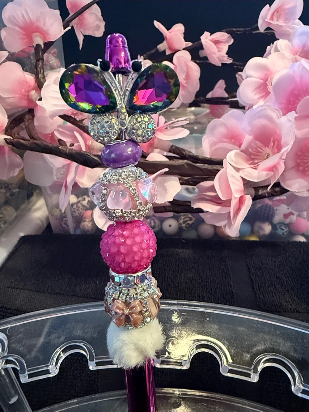 Handcrafted Purple Beaded Butterfly Pen - Decorative Writing Tool